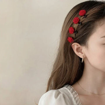 Red Velvet Rose Small Hair Clips Women Girls Sweet Cute Flower Hairpins Girls Elegant Hair Clip Barrettes Wedding Accessories