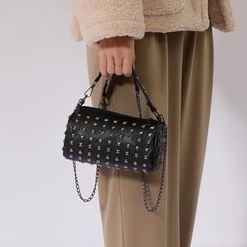 Edgy Elegance Neutral Punk Style Round Diagonal Rivet Retro Barrel Bag