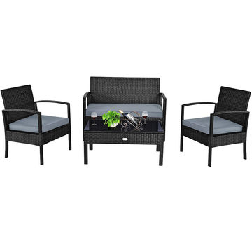 Goplus 4PCS Outdoor Patio Rattan Furniture Set Cushioned Sofa & Coffee Table Garden Deck