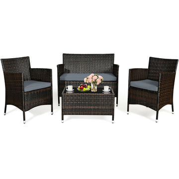 Goplus 4PCS Rattan Patio Furniture Set Cushioned with Coffee Table