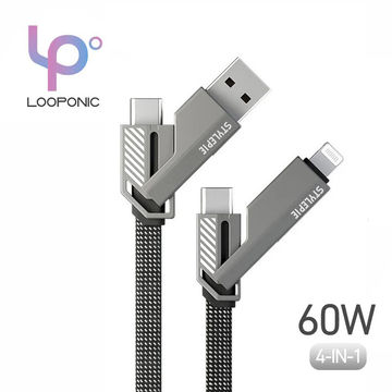 4-in-1 Type-C USB-C Fast Charge Data Cable: 60W Zinc Alloy Lightning PD Cord for iPhone, iPad, Samsung, Xiaomi, Huawei, Laptop