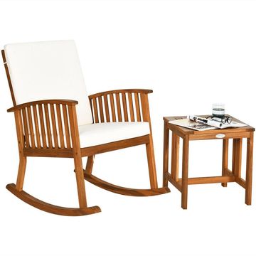 Goplus 2PCS Acacia Wood Patio Rocking Chair Table Set Rocker Cushioned Coffee Table