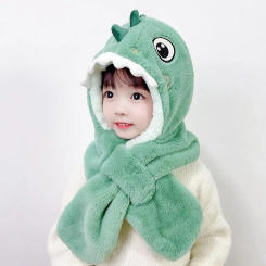 Cartoon Plush Scarf Integrated Cap Hat Scarf Set Dinosaur Cold-proof Pullover Hat Winter Cap Bomber Hat Bonnet Baby Hat