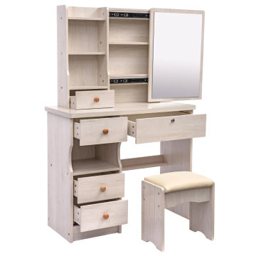 Desk Style Vanity Table+Cushioned Stool+Makeup mirror,Multi Layer High Capacity Storage, 5 Drawers, Fashionable Makeup Furniture