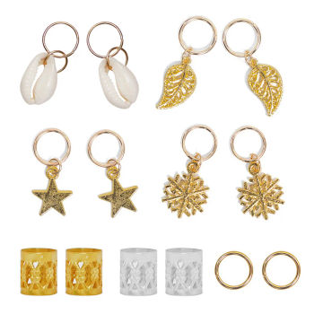 Hair Charms Dreadlocks Pendant Ring Hair Braid Rings Star Leaf Snowflake Shell Rings Set Metal Hair Tube Cuffs Decoration for