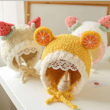 Earflap Bonnet Cap Orange Watermelon Strawberry Ear Protector Cashmere Fruit Shape Ear Beanie Children Bomber Hat Korean Cap