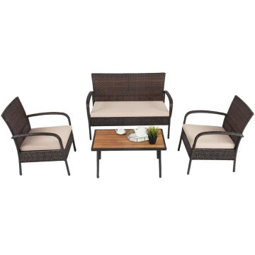 4PCS Patio Rattan Furniture Set Outdoor Conversation Set Coffee Table w/Cushions HW66527