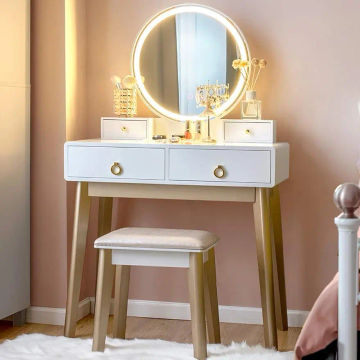 CHARMAID Vanity Set with Touch Screen Dimming Mirror, 3 Color Lighting Modes, Dressing Table with 4 Sliding Drawers, Modern Bedr