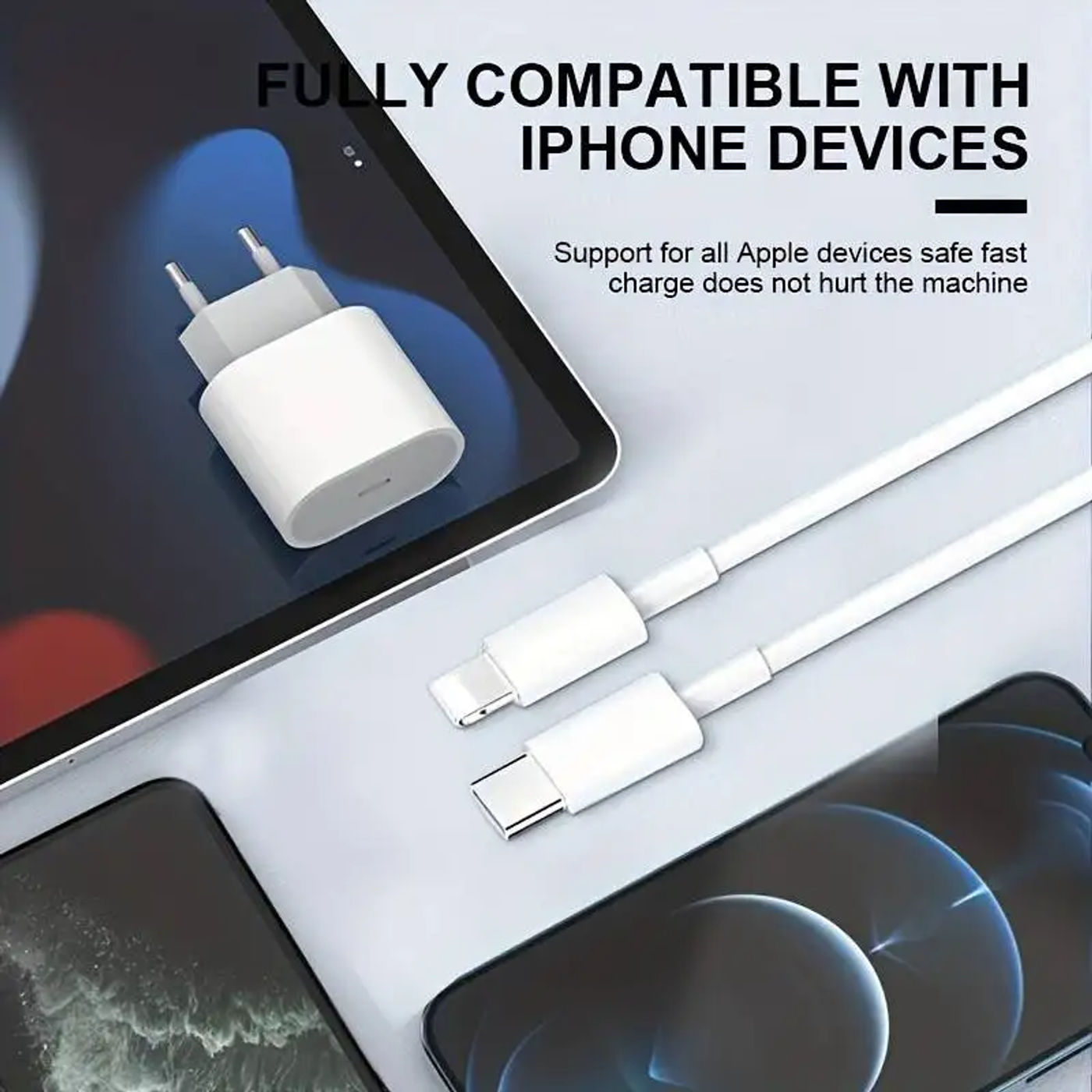 Description Picture 1 of itemFast Charger for iPhone - 20W Wall Charger with Type C Cable - Compatible with iPhone 14, 13, 12, 11 Pro Max, XR, XS, iPad