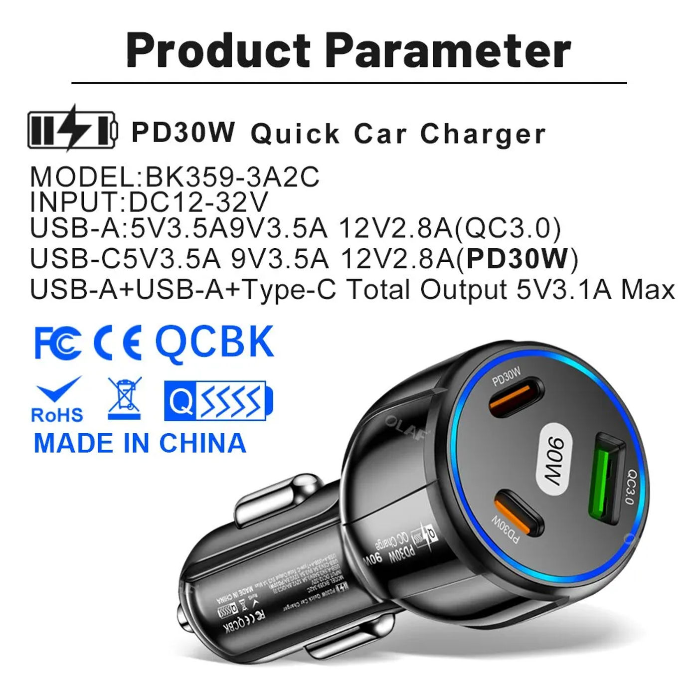 Description Picture 6 of itemOLAF 5 Port 75W USB Car Charger - Type C Car Charger with Fast Charging PD QC3.0, Ideal for iPhone, Xiaomi, Huawei, Samsung