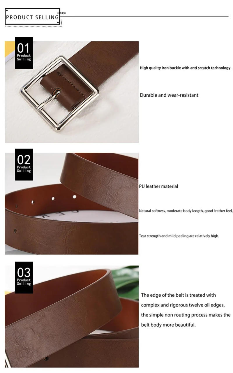 Description Picture 3 of itemWomen's Soft PU Leather Belt: Elevate Your Style with a Square Pin Buckle, Jeans-Perfect Black Belt from a Fancy Vintage Strap