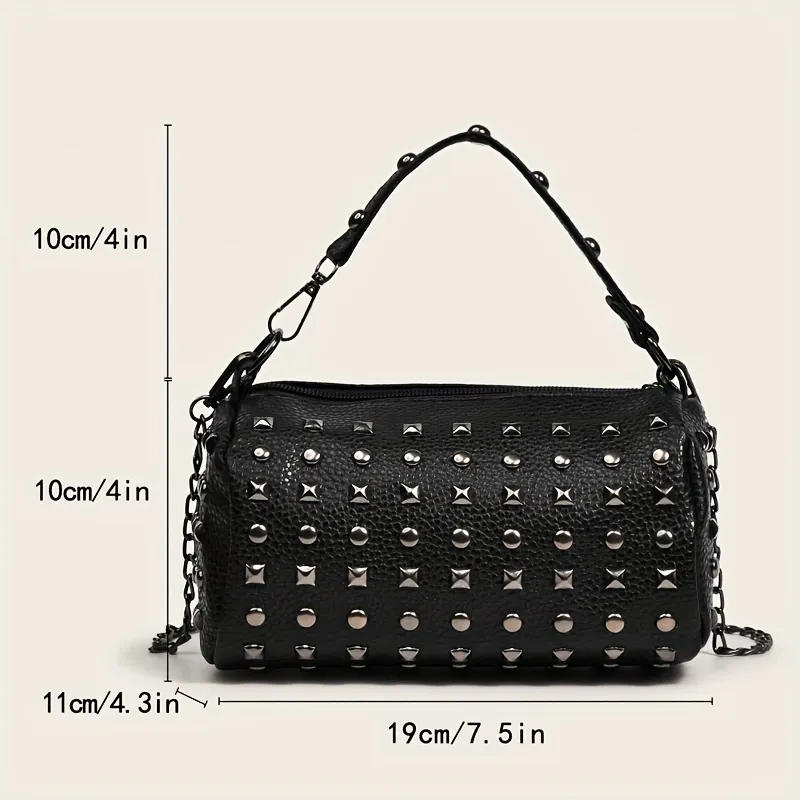 Description Picture 5 of itemEdgy Elegance Neutral Punk Style Round Diagonal Rivet Retro Barrel Bag
