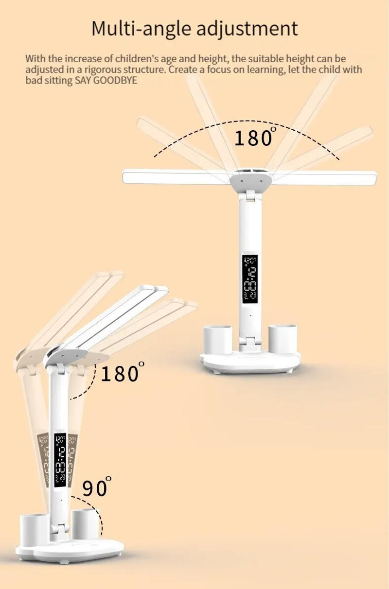 Description Picture 4 of itemLED Clock Desk Lamp: USB Rechargeable and Dimmable with 2 Heads, 180° Rotatable, Foldable Design
