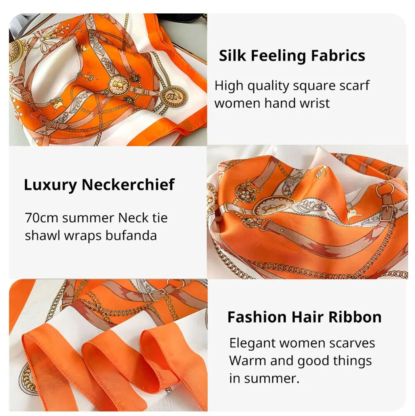 Description Picture 5 of item70cm Silk Square Scarf for Women: Satin Bandana Print Scarves, Fashionable Lady Hair Shawl Wrap