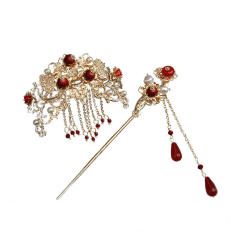 2 Pcs Hair Pin Tassel Clip Sticks The Flowers Chinese Clasp Red Retro Hairpins Pearl Bride