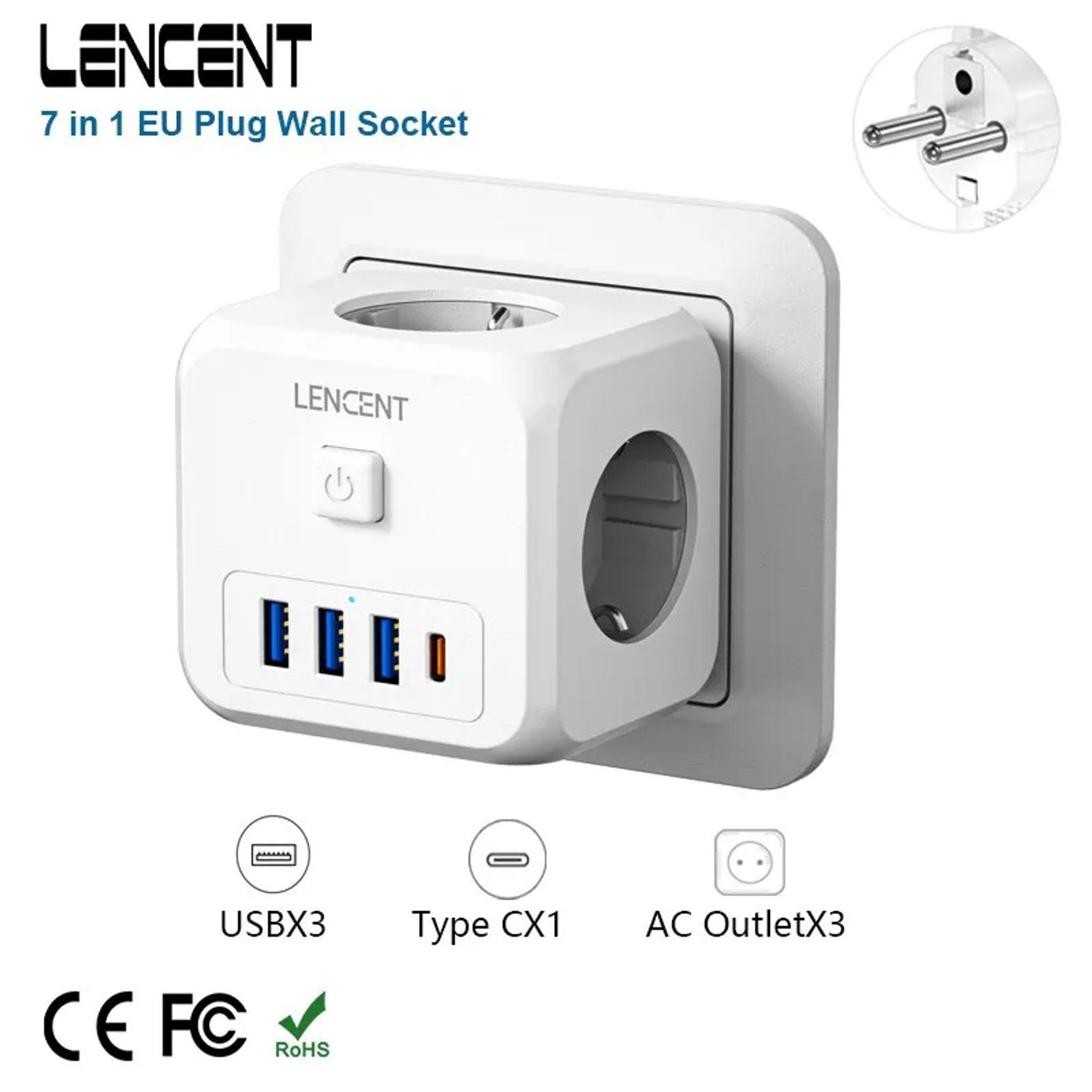 Description Picture 5 of itemLENCENT 7-in-1 EU Plug Wall Socket Extender with On/Off Switch - 3 AC Outlets, 3 USB Ports, 1 Type C Charger