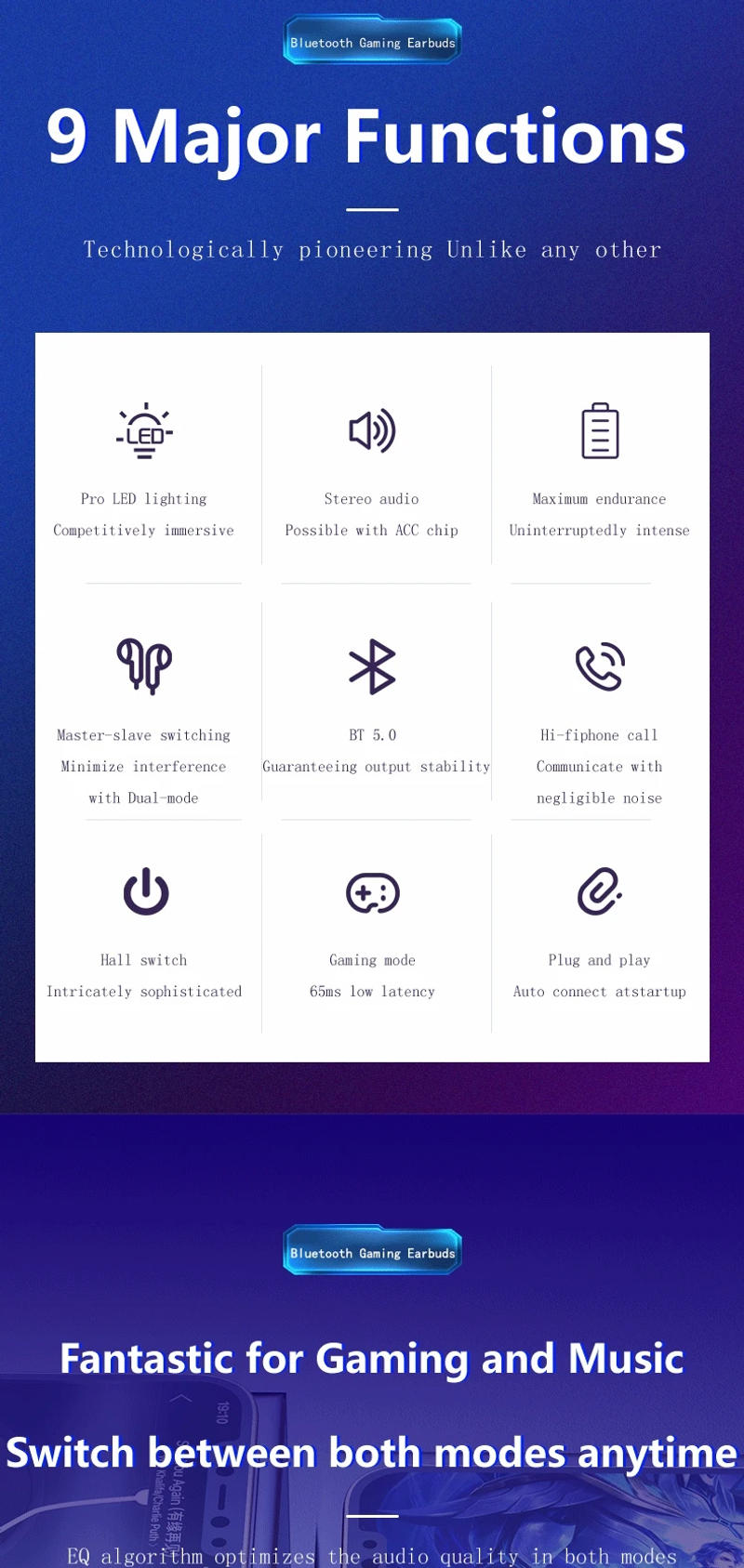 Description Picture 2 of itemTWS Wireless Earphone with Bluetooth 5.3 - Headphone with 65ms Low Latency, Earbud Esport Gaming Headset for Gamers with Mic