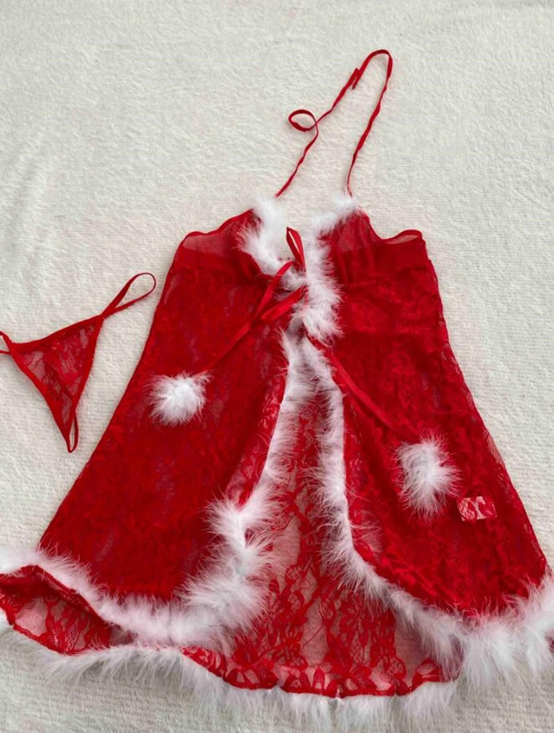 Description Picture 3 of itemMesh Lingerie Set: Lace Fluffy Babydoll Christmas Dress - Womens Christmas Pajama Sets for Festive Elegance