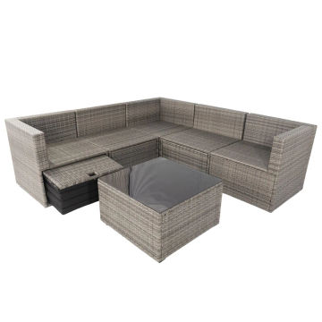 6 Pieces PE Rattan Sectional Outdoor Furniture Cushioned Sofa Set with 3 Storage Under Seat Grey