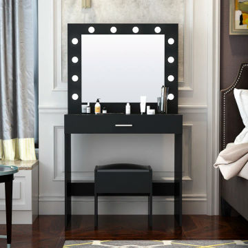 Modern Design Bedroom Makeup Dressing Table with 12 LED Light Bulb Mirrors and Stool,Durable And Easy To Clean,Black