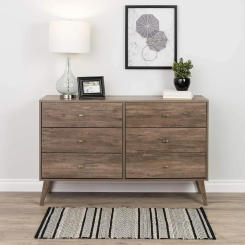 Mid-Century 6 Drawer Dresser For Bedroom Makeup Dressing Table 16 D X 52.25 W X 33 H Make Up Table Drifted Gray