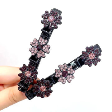 4pcs Braided Hair Clip Crystal Stone Flower Hairpins Glittering with Velvet Bag