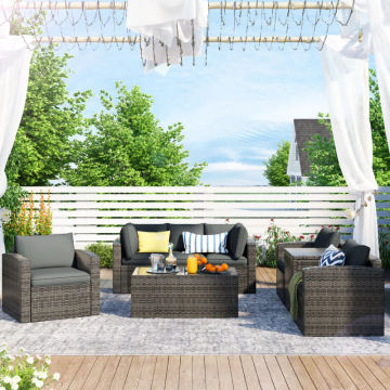 Patio Furniture Sets, 7-Piece Patio Wicker Sofa , Cushions, Chairs , a Loveseat , a Table and a Storage Box