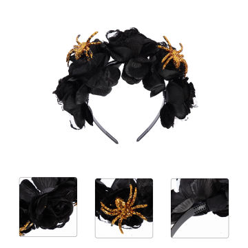 Day of The Dead Flower Headband Black Rose Flower Headpiece Spider Hair Band Hair Accessory for Wedding Festival Hair Garland