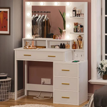 Large Vanity Table with Lighted Mirror 5 Drawer Makeup Table Vanity Dresser