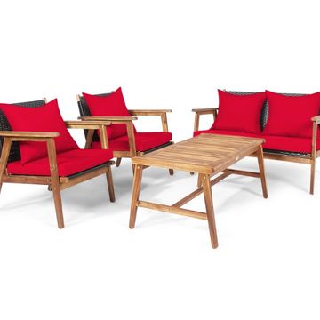 Goplus 4PCS Patio Rattan Furniture Set Acacia Wood Frame Cushioned Sofa Red