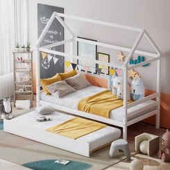 Goplus Costway House-Bed Frame with Trundle Roof, White