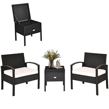 Goplus Patiojoy 3PCS Patio Rattan Furniture Set Storage Table Cushioned Sofa Black