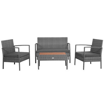 Goplus Patiojoy 4PCS Patio Rattan Furniture Set Cushioned Chair Wooden Tabletop Gray