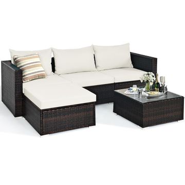 Goplus 5PCS Patio Rattan Furniture Set Sectional Conversation Sofa with Coffee Table