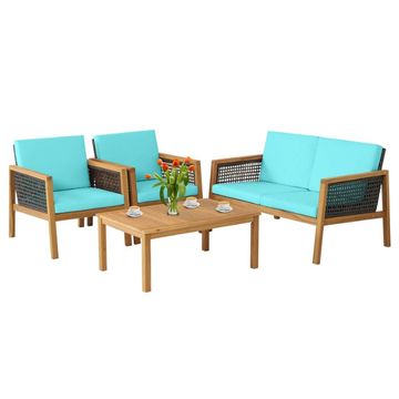 Goplus Costway 4PCS Patio Rattan Furniture Set Acacia Wood Cushioned Sofa, Turquoise