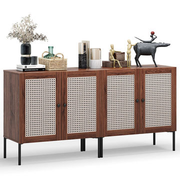 Goplus Costway Set of 2 Rattan Buffet Sideboard Wine Cabinet Cupboard w/Adjustable Shelf Walnut