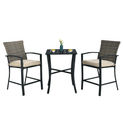 Goplus 3PCS Patio Rattan Bar Furniture Set Slat Table 2 Cushioned Stools Poolside Gray