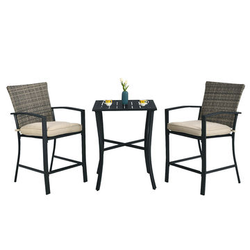 Goplus 3PCS Patio Rattan Bar Furniture Set Slat Table 2 Cushioned Stools Poolside Gray