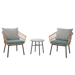 JARDINA 3 Pieces Patio Bistro Set Rattan Armchairs with Round Glass Coffee Table, Cream & Aqua