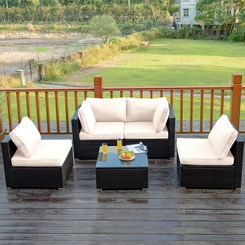 Goplus 5PCS Patio Rattan Furniture Set Cushioned Sofa Chair Coffee Table