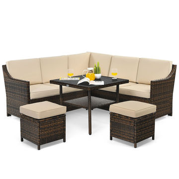 Goplus Patiojoy 6PC Patio Rattan Dining Sofa Furniture Set Ottoman Table Loveseat Beige