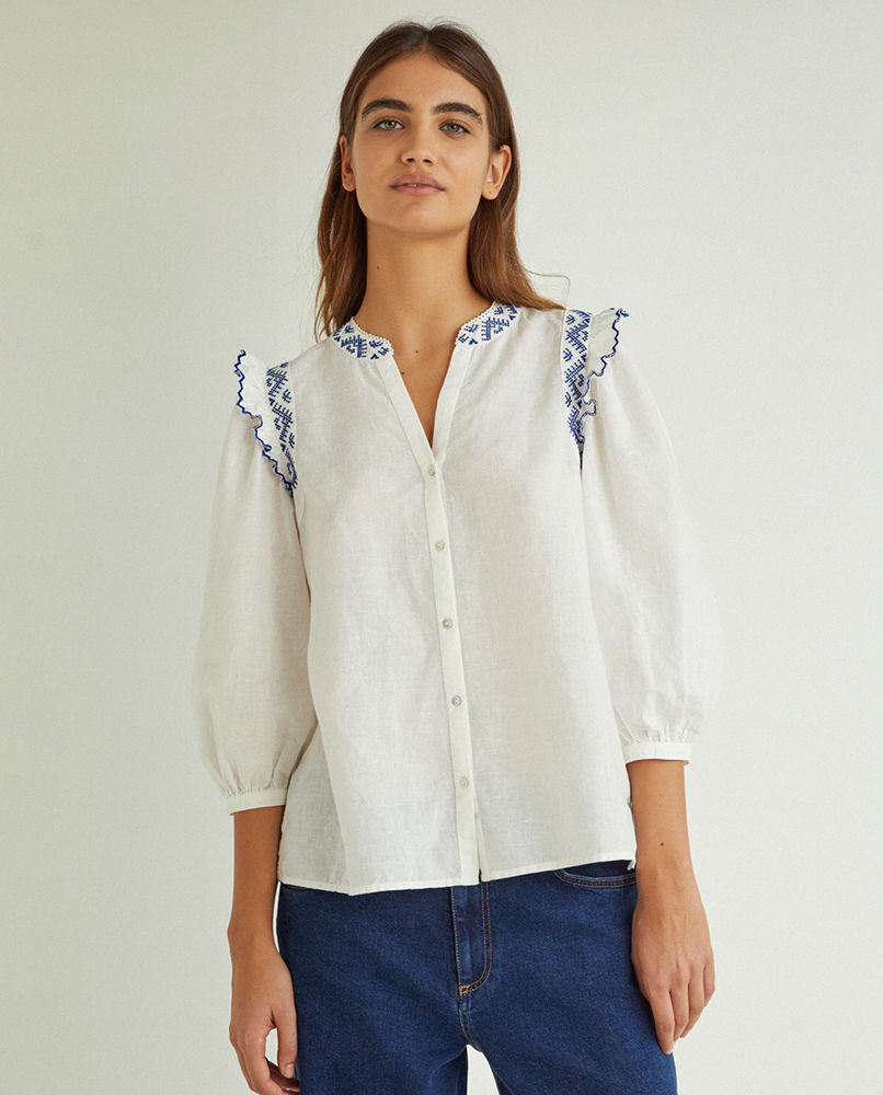 MAO-NECK LINEN SHIRT ECRU WITH