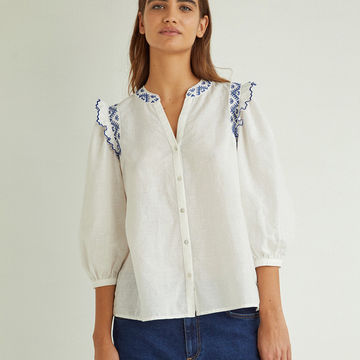 MAO-NECK LINEN SHIRT ECRU WITH EMBROIDERY