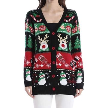 Women's Over Size Lightweight Cardigan Sweater With V -  Neck And Christmas Elk Deer Pattern 2022