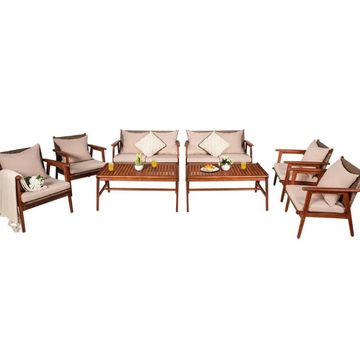Goplus 8PCS Patio Rattan Furniture Set, Acacia Wood Frame Cushioned Sofa