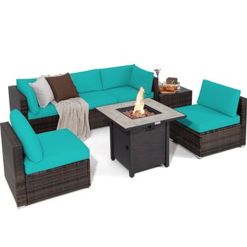 Goplus 7PCS Patio Rattan Furniture Set, 30" Fire Pit Table, Turquoise