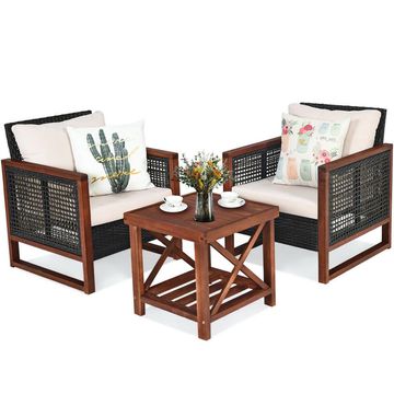 Goplus 3PCS Patio Wicker Furniture Set Solid Wood Frame Cushion Sofa Square Table Shelf 