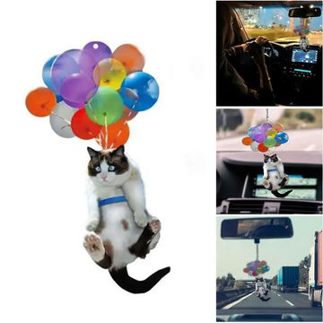 Home Car Rear View Mirror Flying Cat Ornament: Pet Hanging Decoration with Colorful Balloon, Car Interior Pendant Figurine Crafts