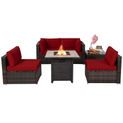 Goplus Patiojoy 6 PCS Patio Wicker Furniture Set 30" Gas Fire Pit Table 50,000 BTU Red