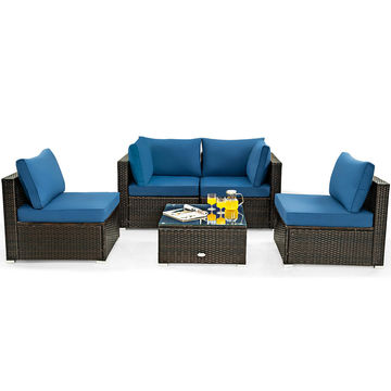 Goplus 5PCS Patio Rattan Furniture Set Cushioned Sofa Chair Coffee Table